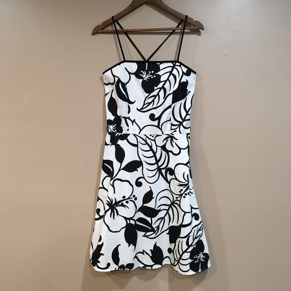 Y2K Studio Y Floral Spaghetti Strap Mini Dress Womens 9/10 Black White Tropical